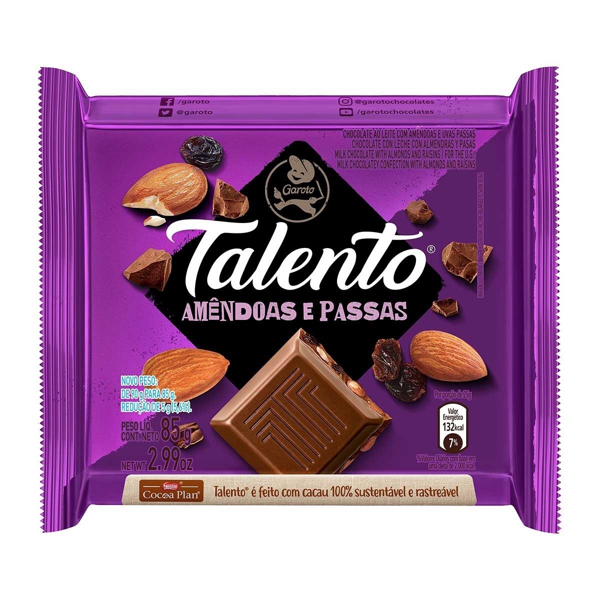 CHOCOLATE TALENTO AMÊNDOAS E PASSAS 85G